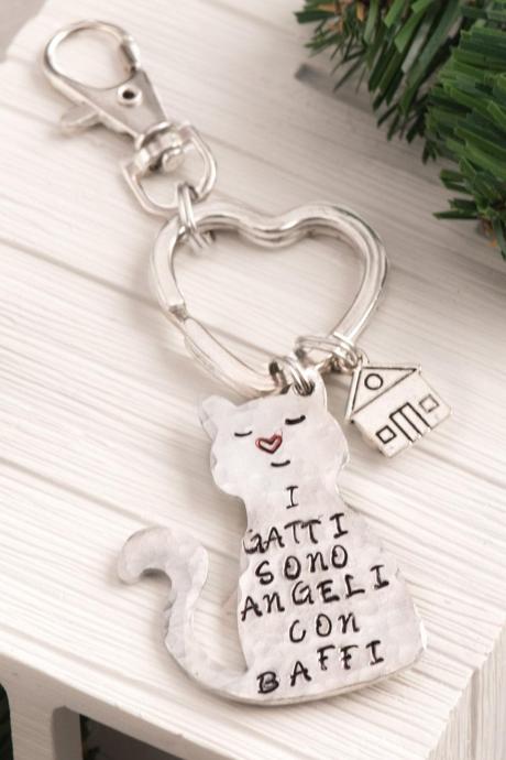 Hand stamped cat keychain, Custom crazy cat keychain as bff lover gift