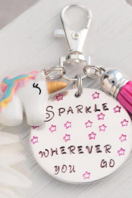 Hand Stamped Unicorn Charm Keychain, Rainbow Unicorn Gift Baby Girl, Funny Unicorn Keychain, I Love Unicorn Lovers Theme, Believe In Unicorn Girl