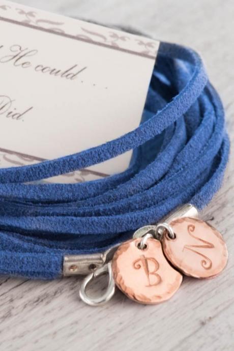 Custom engraved initial men bracelet, man birthday gift for dad from daughter, personalized fathers day jewelry with multi strand leather bracelet men, blue suede wrap bracelet.