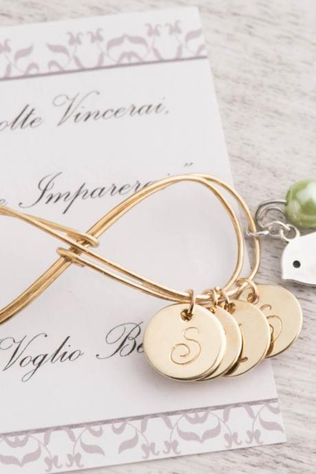 Hand stamped bracelet, gold mom bracelet as initial mothers day bracelet as gold infinity mom gift - mom 4 initial birthstone bracelet -