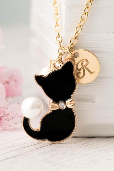Custom initial engraved black cat necklace, gold necklace with birthstone animal, kitties pendant with always in my heart note as pet lover necklace-birthday initial necklace