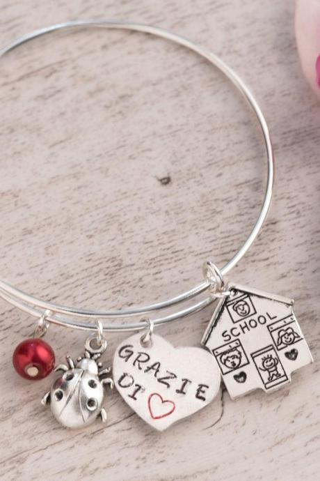 Hand stamped jewelry, Hand stamped thank you bracelet end of school gift, personalized bangle bracelet, nana gift from kids, made to order, ladybug bracelet teacher retirement