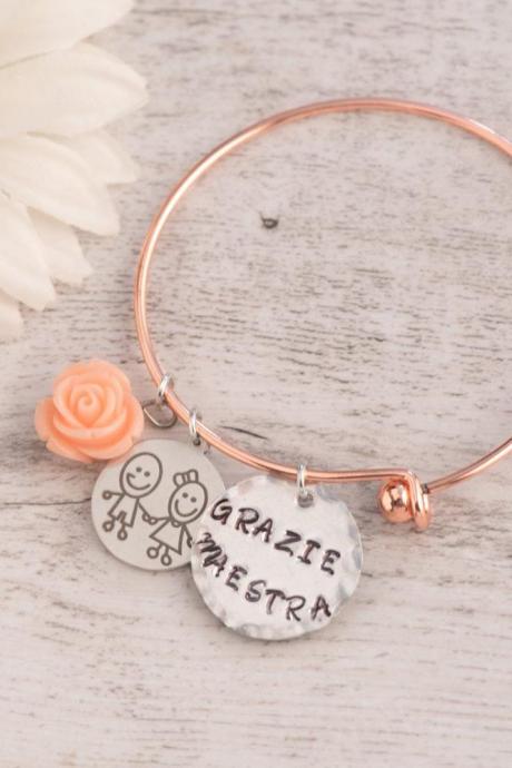 Hand stamped jewelry, Hand stamped flower bracelet bangle adjustable, made to order, back to school gift personalized bangle, nanny present teacher retirement gift from child