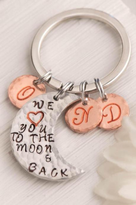 Hand stamped keychain, mothers day keychain, silver moon keychain, gift for mom from 3 daughters, to the moon and back, mom of 3 kids, we love you engrave keychain