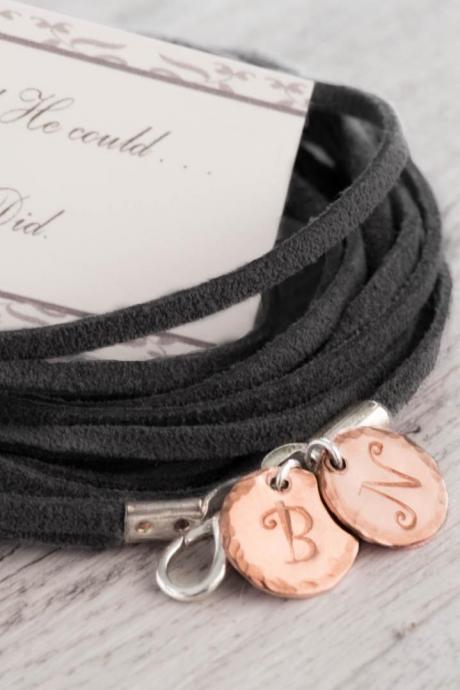  hand stamped initial man bracelet - suede wrap bracelet as husband gift as brother gift -man leather bracelet with black suede with he believed card