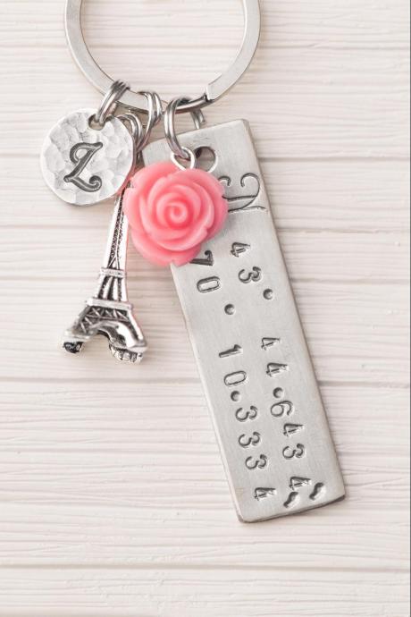 Hand Stamped Engraved Coordinates Keychain, 1st Anniversary Gift For Girlfriend Keychain, Best Friend Long Distance Keychain, Paris Lover Gift,