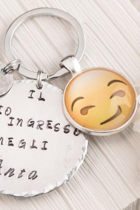 Hand stamped keychain, Emoji 40th birthday custom sister gift with engraved quote