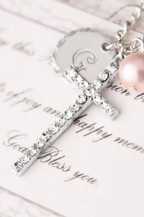 Hand stamped custom initial cross necklace, girl first communion gift, first holy communion gift, religious gift, confirmation gift, first holy gift from godparents