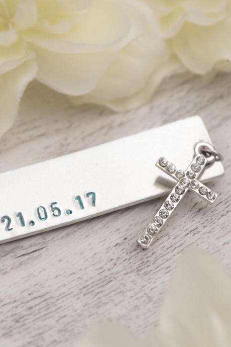 Hand stamped silver bookmark, First Communion gift with cross or confirmation gift or baptism bookmark with name - priest gift personalized save the date bookmark