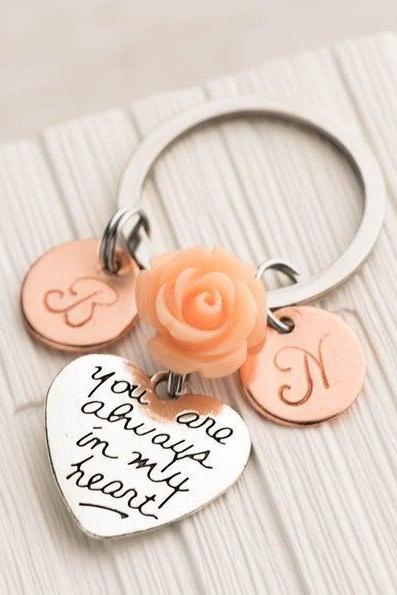 Hand stamped silver heart keychain, gift for mom from daughter, always in my heart, 2 best friend keychain, anniversary keychain, gold initial keychain