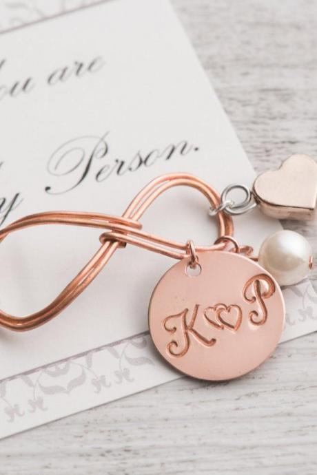 Hand stamped personalized bracelet, Rose gold infinity bracelet engraved 2 initial