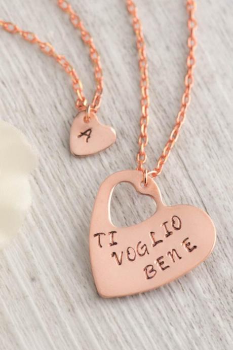 Hand stamped mom daughter heart necklace ,set of 2 piece heart inside heart jewelry- new mom push gift set as christmas present mom as carded necklace gift
