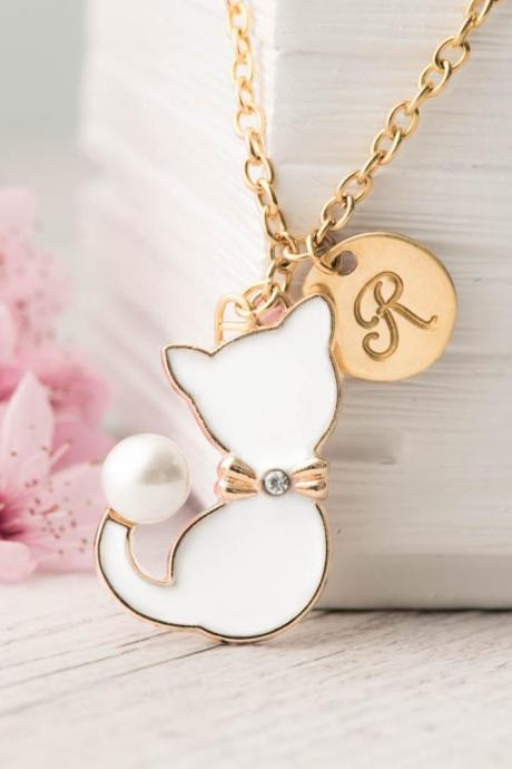 White Cat Necklace With Pearl And Custom Initial, Hand Stamped Initial Pet Lover Necklace