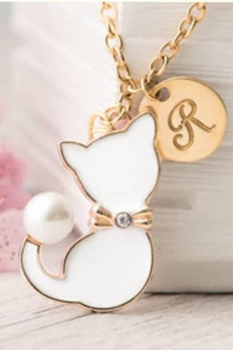 White Cat Necklace With Custom Initial, In Memory Of My Cat Necklace