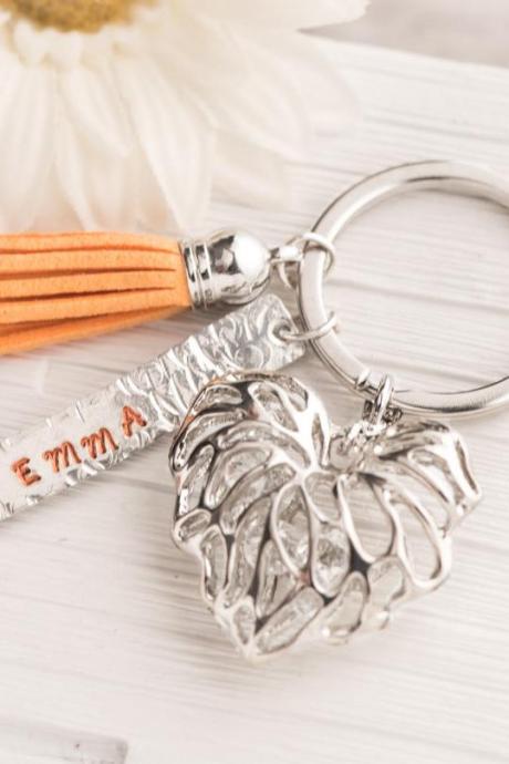 Hand stamped personalized keychain,tassel heart keychain name personalized, custom engraved name plate, sofia the first, keychain with tassel, october mom gift.