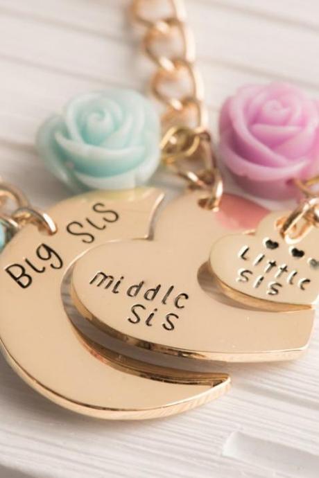 Hand stamped Three sisters keychains: big sis mid sis lil sis