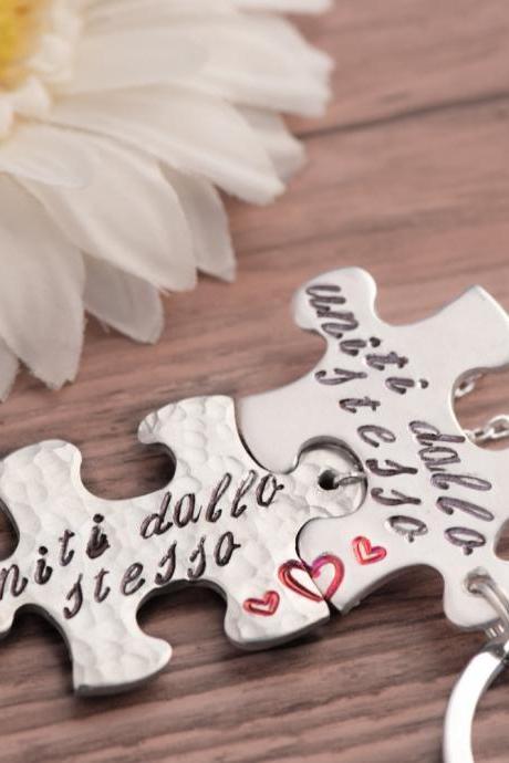 Hand stamped keychain, Custom xmas gift set with personalized Puzzle engraved.