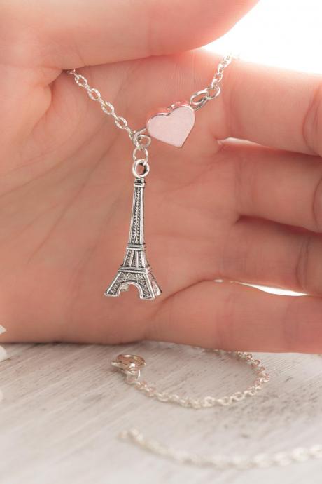 Silver Paris Necklace As Initial Teacher Necklace As Love Paris Necklace With Heart Eiffel - Eiffel Tower Jewelry As Layered Eiffel Necklace