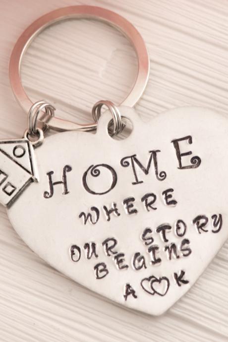 Hand stamped personalized keychain, Our first home gift with our story begins engraved keychain